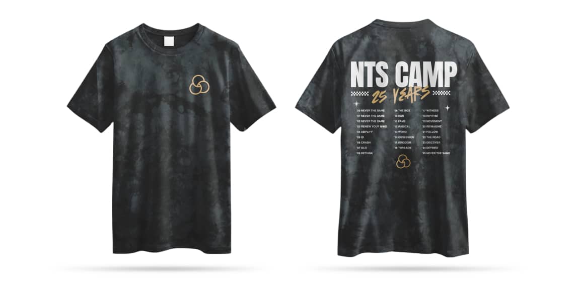 NTS Camp merchandise graphic tees front and back view