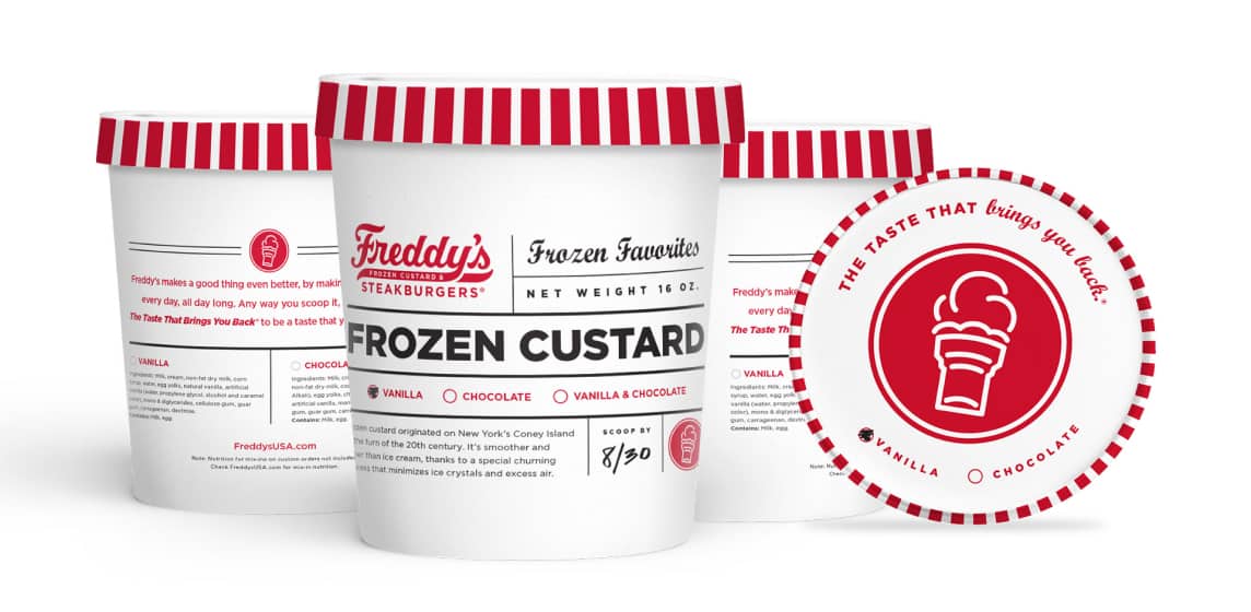 Freddy's Frozen Custard branded pint containers and packaging