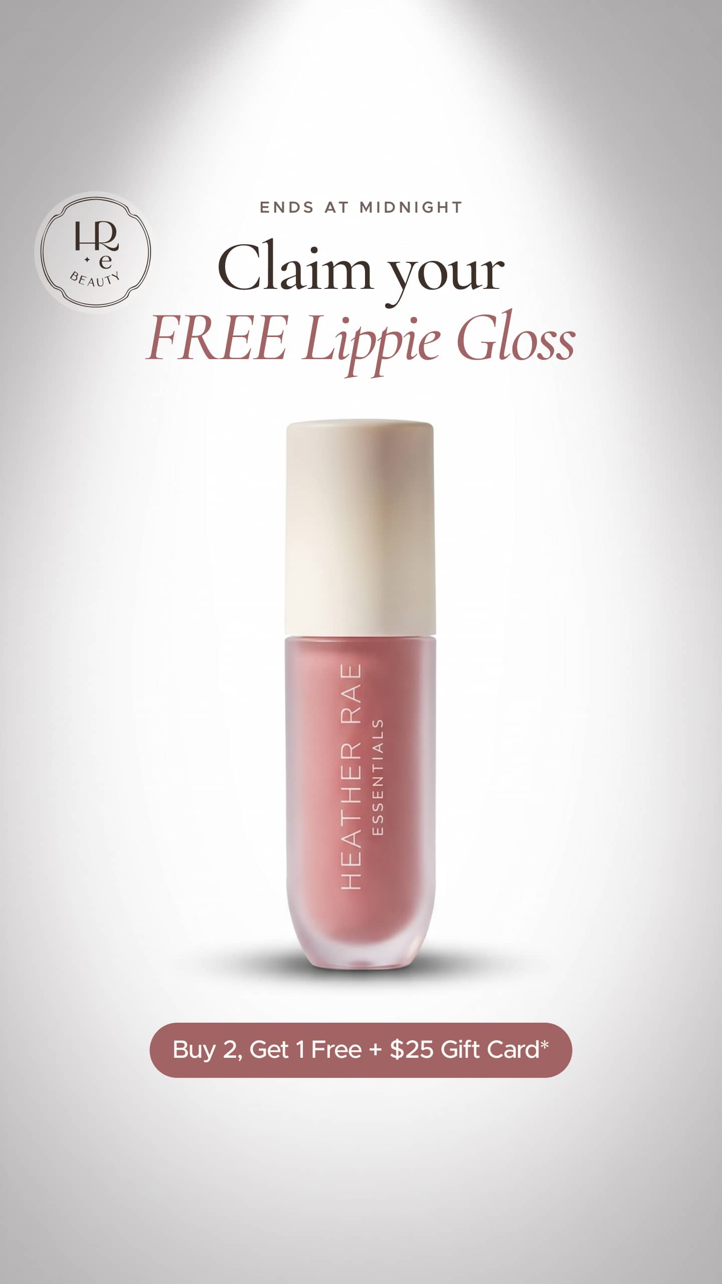HRE Beauty 9:16 mobile ad: High-contrast model and gloss swatch pairing