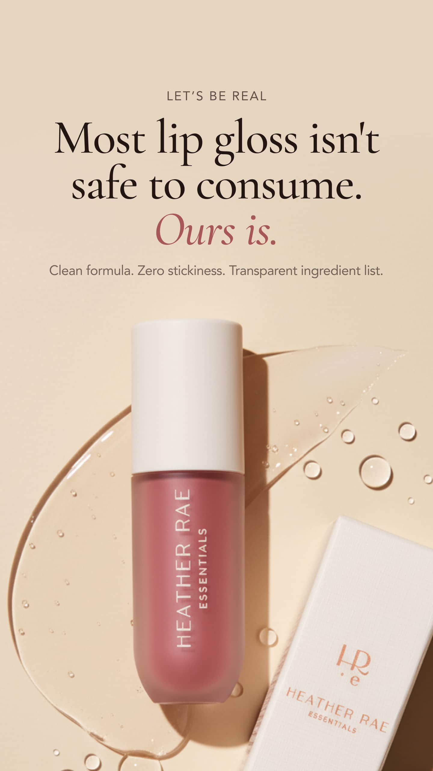 HRE Beauty 9:16 mobile ad: Customer testimonial quote design over gloss texture
