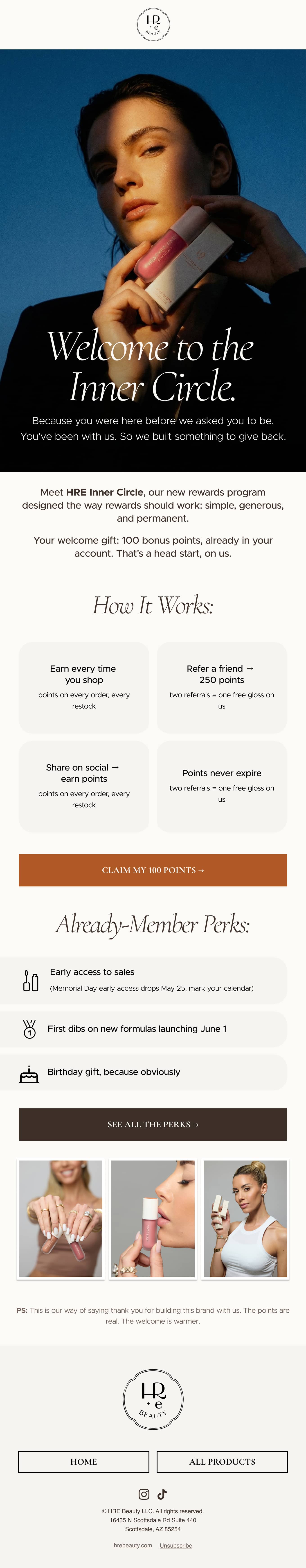 Full-length HRE Beauty summer campaign lifecycle email: hero header, editorial narrative, ingredient education, product merchandising, and CTA