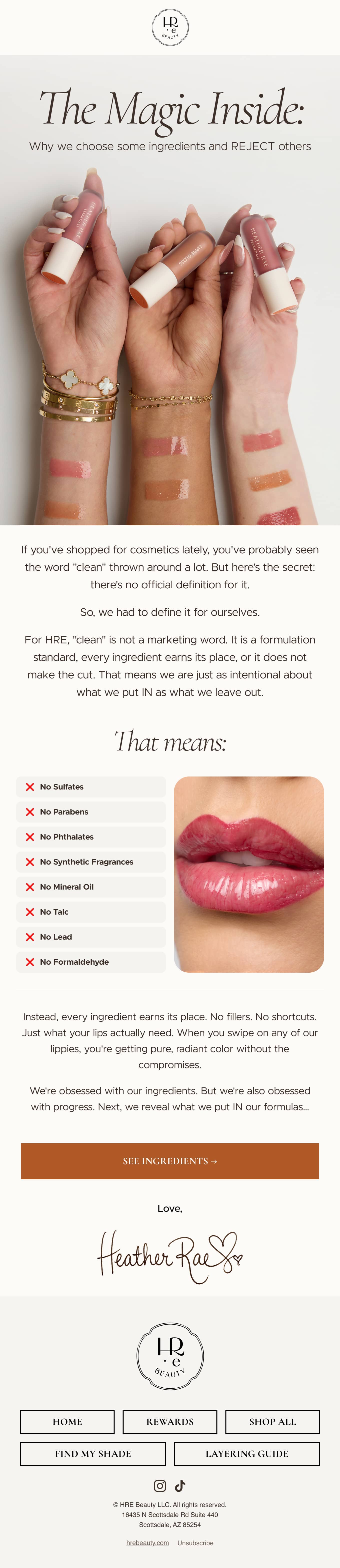 Full-length HRE Beauty ingredient education email with clinical callouts and product benefits