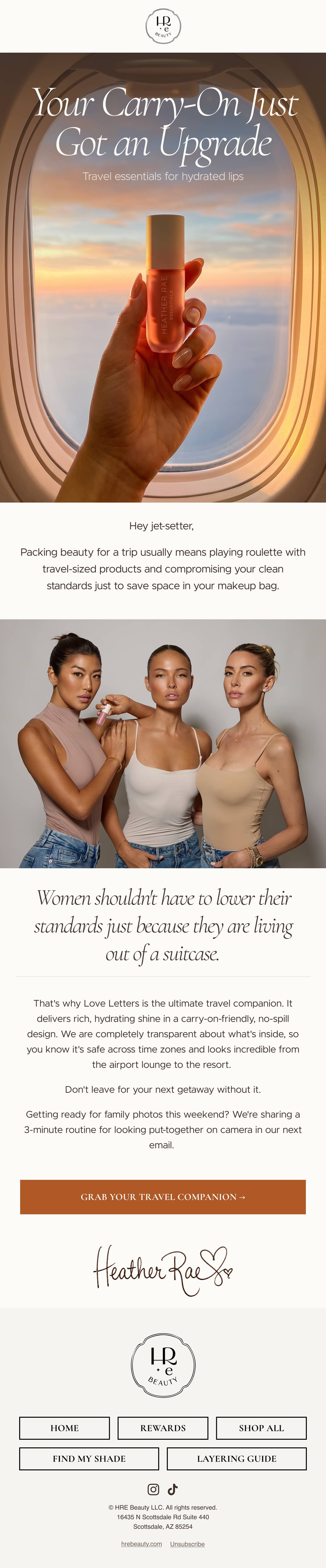 Full-length HRE Beauty founder note email featuring Heather Rae and personal brand philosophy