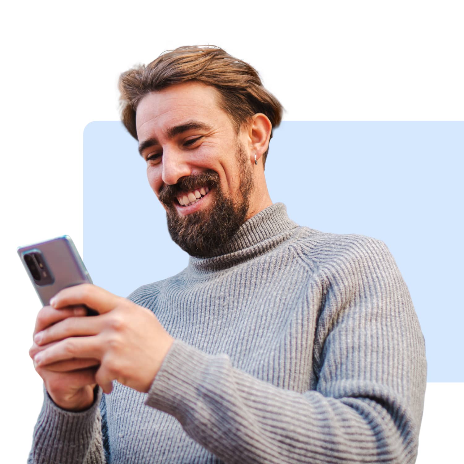 Cutout photography art direction featuring a real estate investor texting against a soft rounded light-blue graphic container