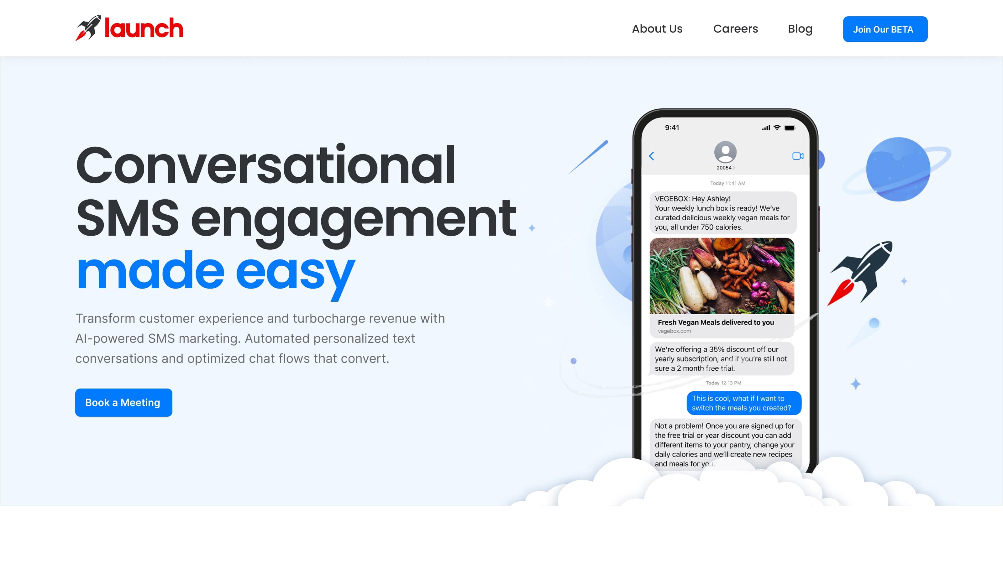 Launch AI marketing flagship showing orbital graphics, dimensional smartphone interface, and conversational SMS messaging