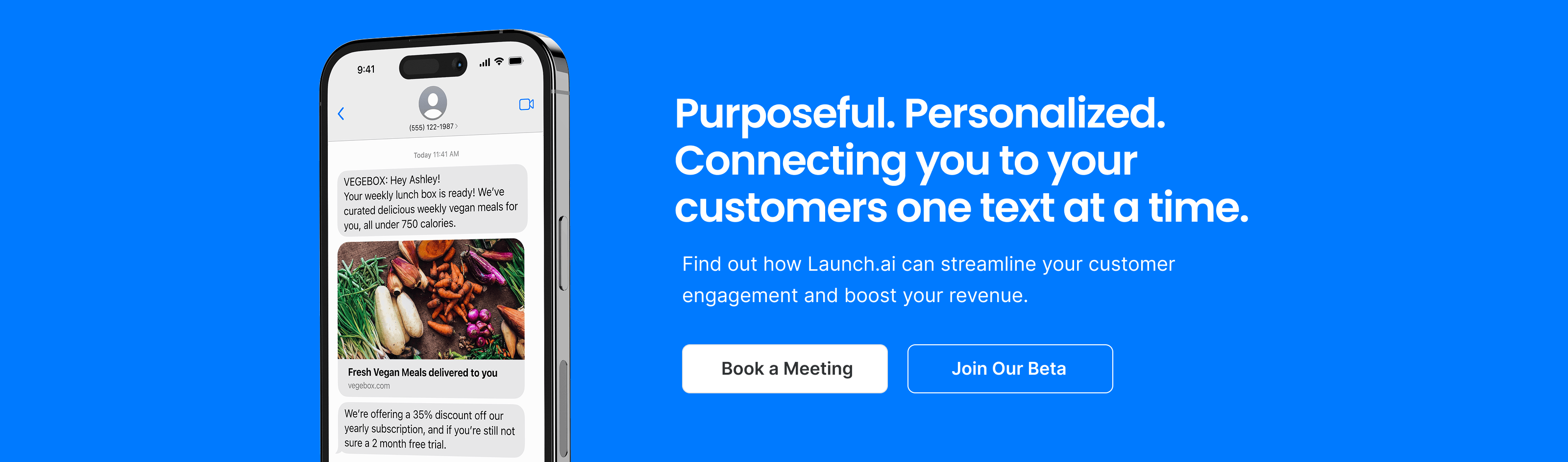Launch Control horizontal conversion banner: Purposeful. Personalized. Connecting you to your customers one text at a time, featuring dimensional smartphone interface