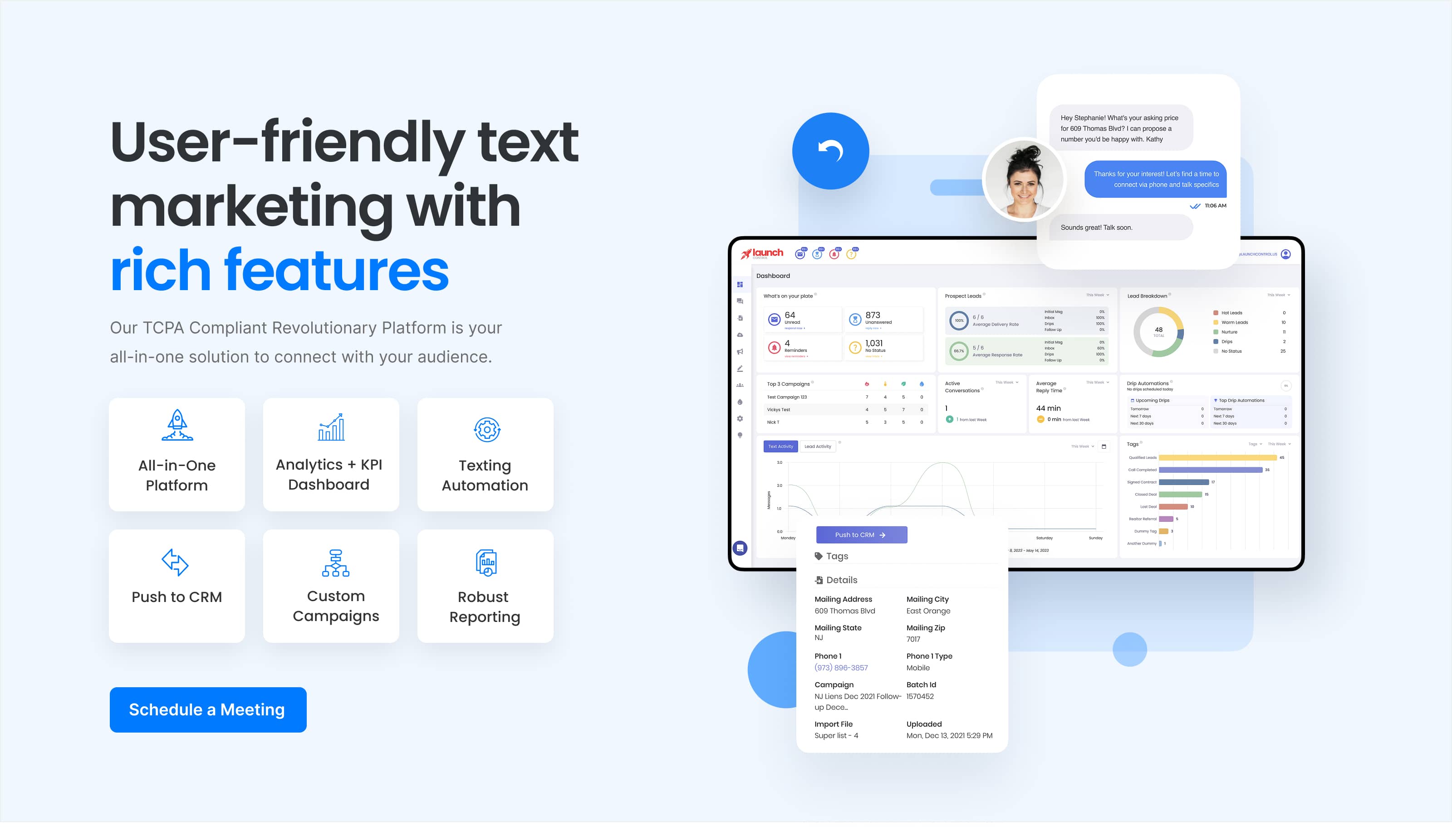 Launch Control product feature composition: User-friendly text marketing with rich features, full dashboard mockup, customer messaging popover, and capability tiles
