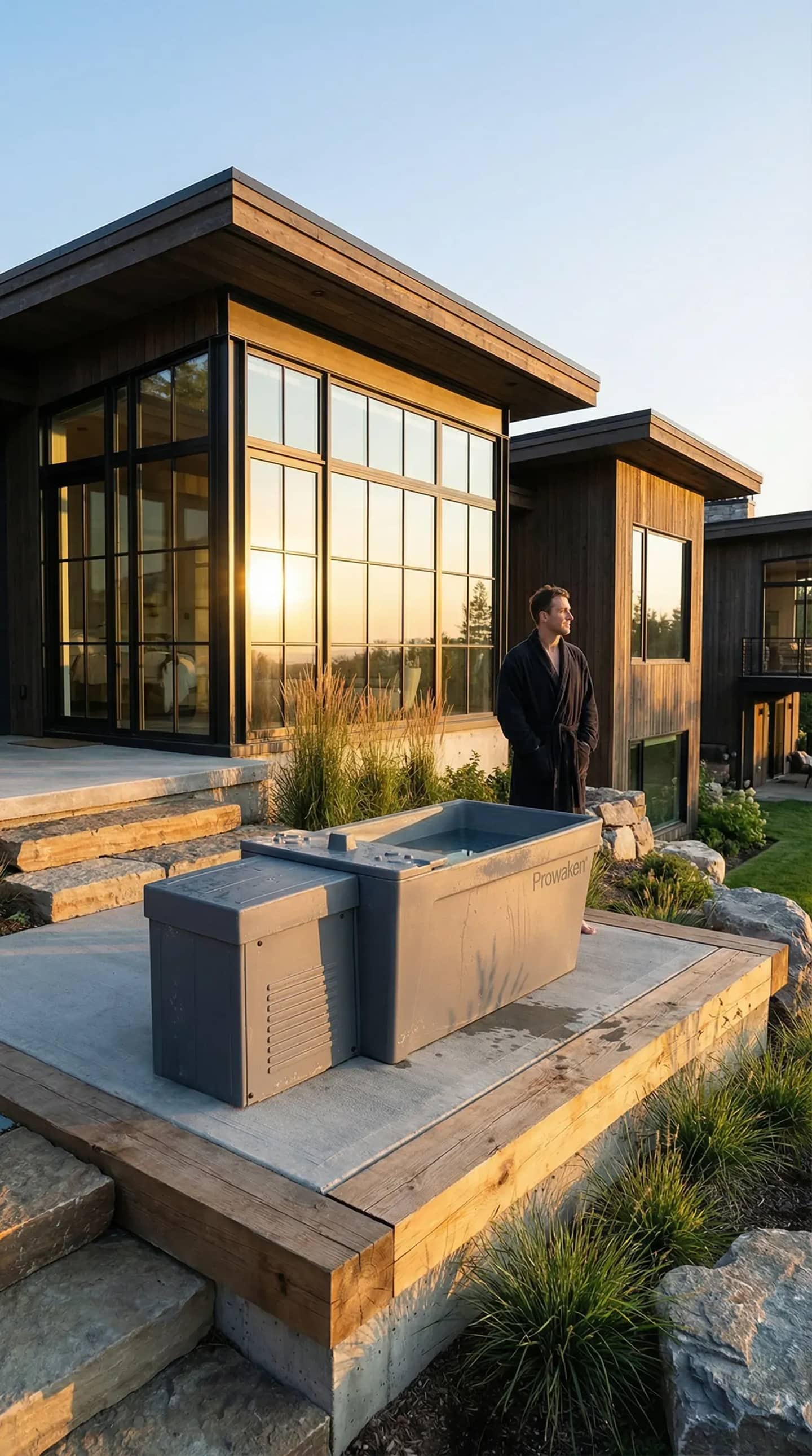 Prowaken cold plunge on architectural terrace at golden hour overlooking Pacific Northwest landscape