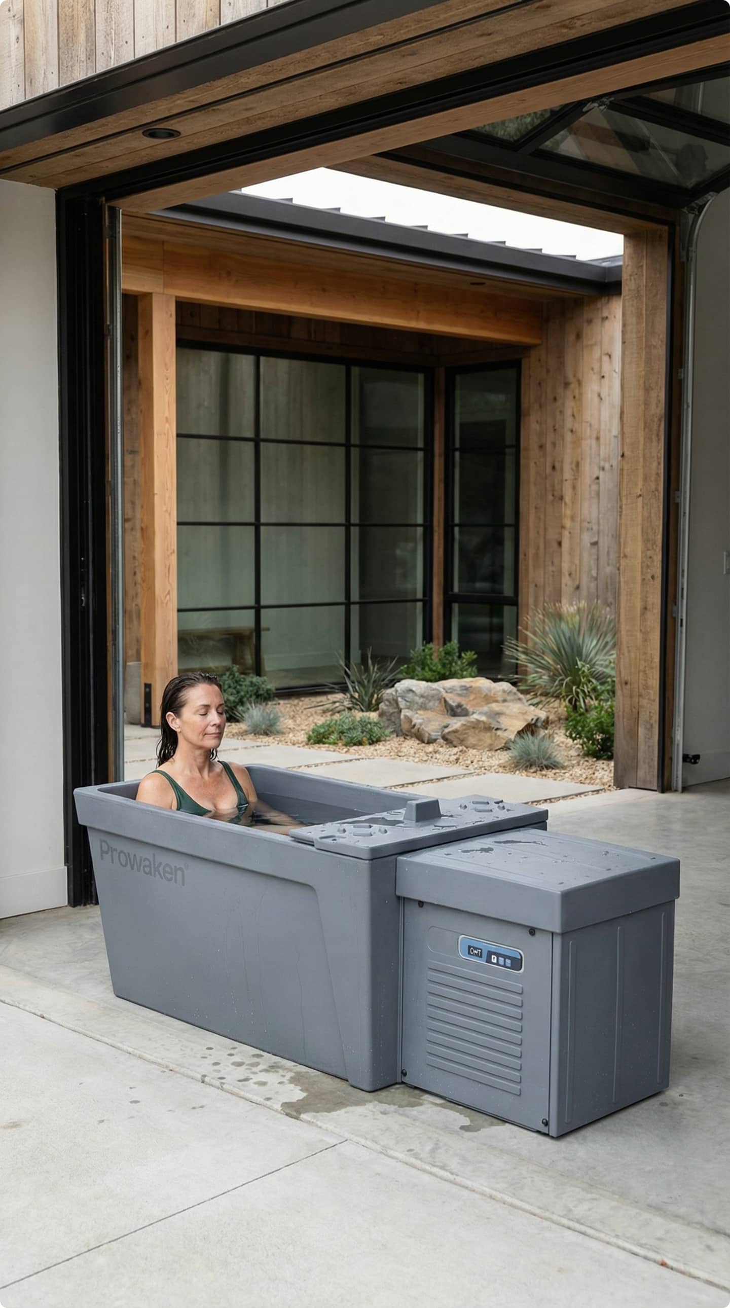 Prowaken cold plunge unit in architectural outdoor setting