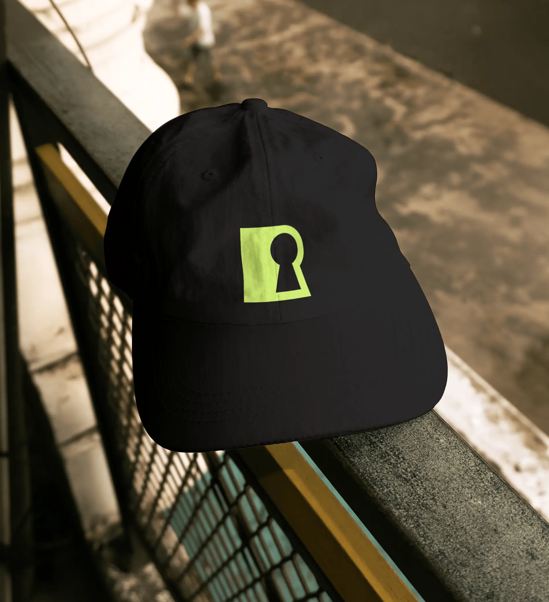 Embroidered dad hat on urban railing