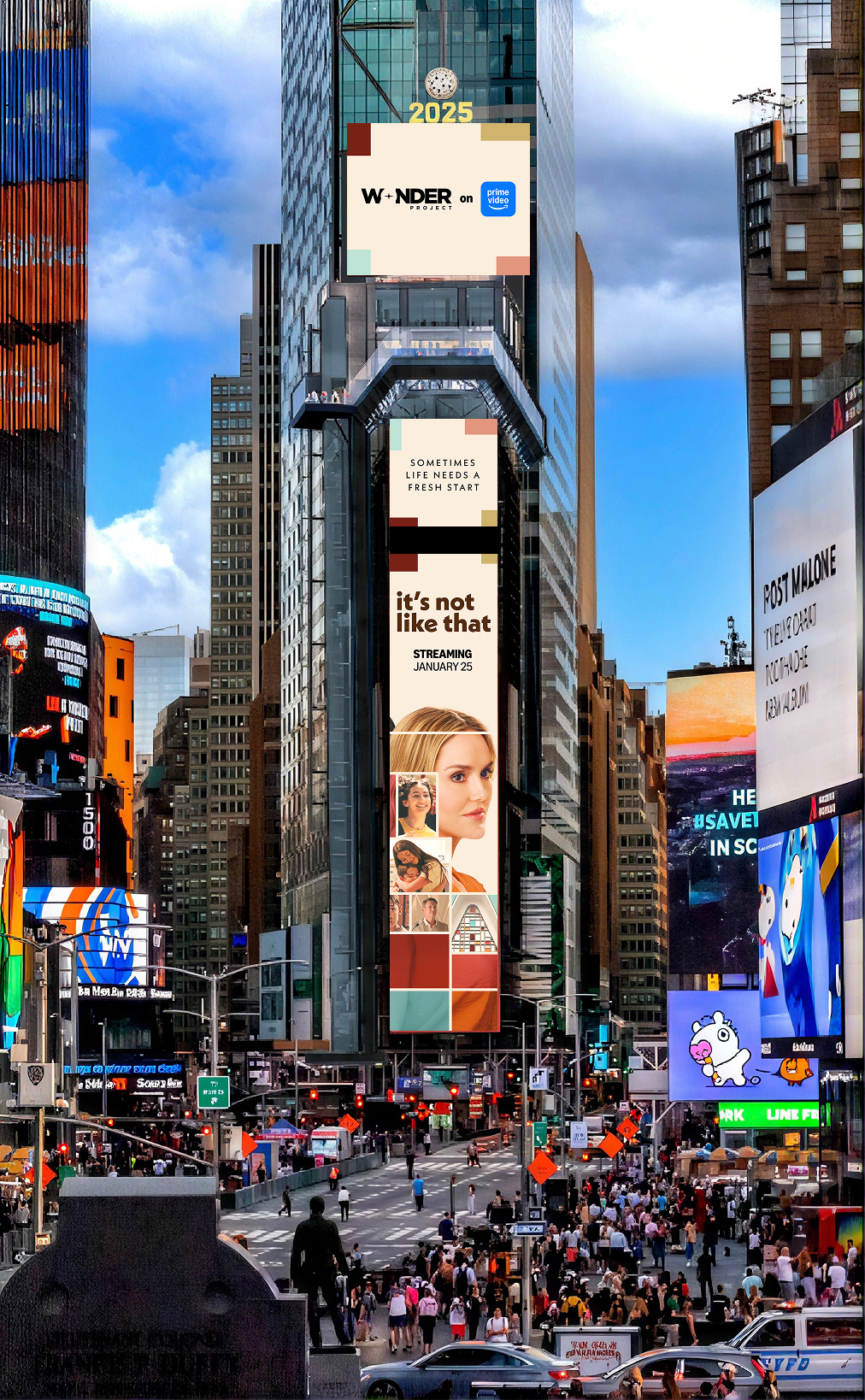 Wonder Project campaign distributed vertically across One Times Square tower, New York